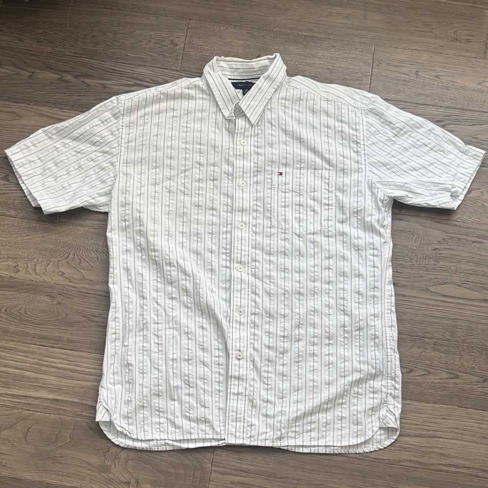 Tommy Hilfiger |White Short-Sleeve Green Pinstripe Button-Down 100% Cotton Large